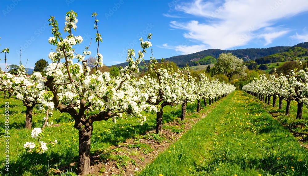 Naklejka premium Spring orchard blossoms under a vibrant blue sky