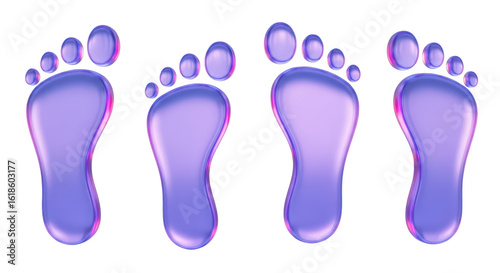 Shiny purple footprints isolated on white showing different foot positions for creative design or healthcare concepts
