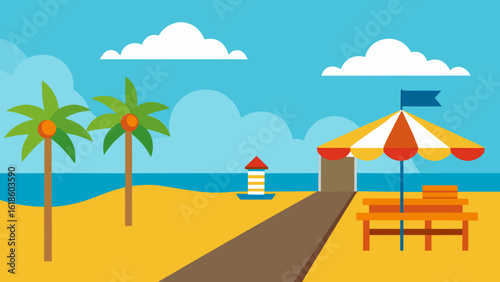 Vibrant Beachfront Boardwalk with Food Stalls and Palm Trees