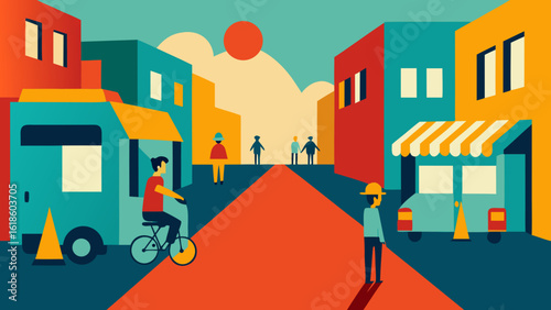Bright Neighborhood Street with Food Trucks and Parked Cars