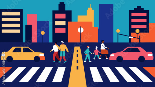 Busy Downtown Avenue with Cars Neon Signs and Pedestrians