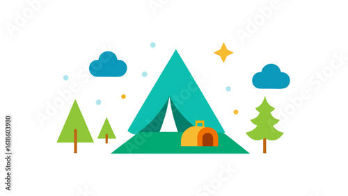 Cartoon Campsite with Tent Trees Fire Pit and Starry Sky