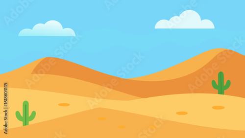 Cartoon Flat Desert with Sand Dunes Clear Sky and Arid Landscape