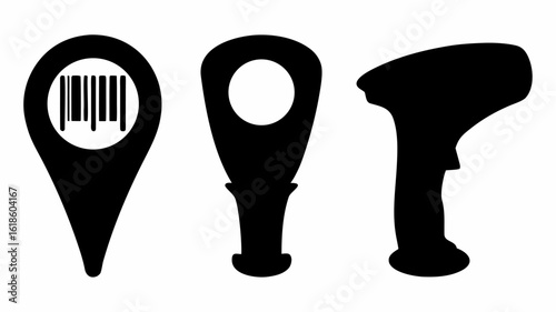Illustration of a barcode location pin, a location pin with a circle, and a barcode scanner in black | editable eps vectors silhouette