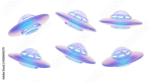 3D-rendered flying saucers in various positions floating against a white background for design sci-fi and extraterrestrial themes