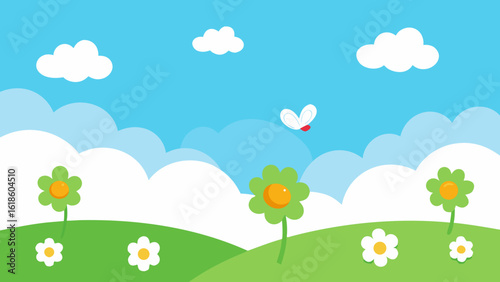 Cartoon Open Meadow with Daisies Butterflies and Blooming Flowers