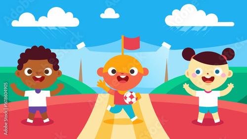 Childrens Sports Event in Cartoon Stadium with Match Action