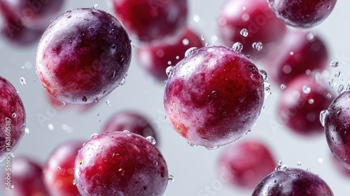 Juicy Grape Splash: Captivating a burst of refreshment as perfectly ripe, glistening red grapes are captured mid-air with water droplets, evoking the essence of summer. © Punnn