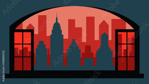 City Skyline with Detailed Window Reflections Showing Inner Structures