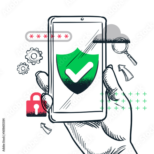 Cybersecurity, data protection, online privacy concept. Hands with smartphone, shield, lock, password. Vector collage
