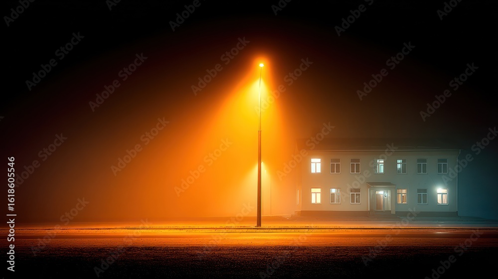 Obraz premium Foggy night, lamppost, house