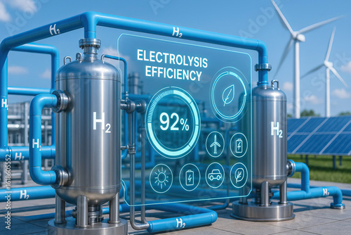 Hydrogen storage tank with blue pipes and digital display showing electrolysis efficiency at 92 percent, solar panel and wind turbine in background under clear sky