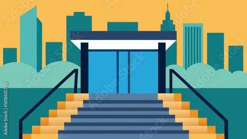 Clean Subway Station Entrance with Stairs and City Background View