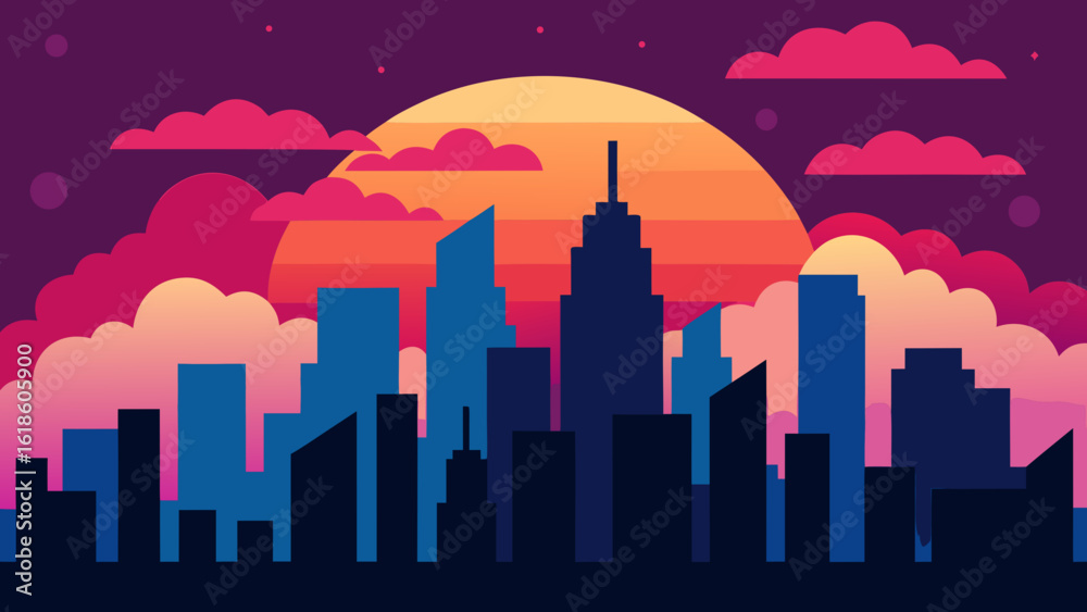 Fototapeta premium Vibrant Colorful Sunset City Skyline with Silhouetted Buildings and Urban Glow