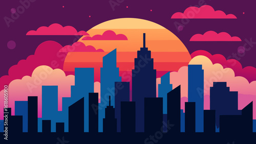 Vibrant Colorful Sunset City Skyline with Silhouetted Buildings and Urban Glow