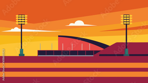 Majestic Cricket Stadium at Sunset with Orange Sky and Towering Floodlights