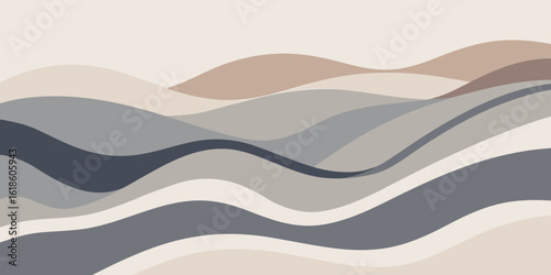 Abstract background featuring flowing waves and stylized mountains in soft colors..eps