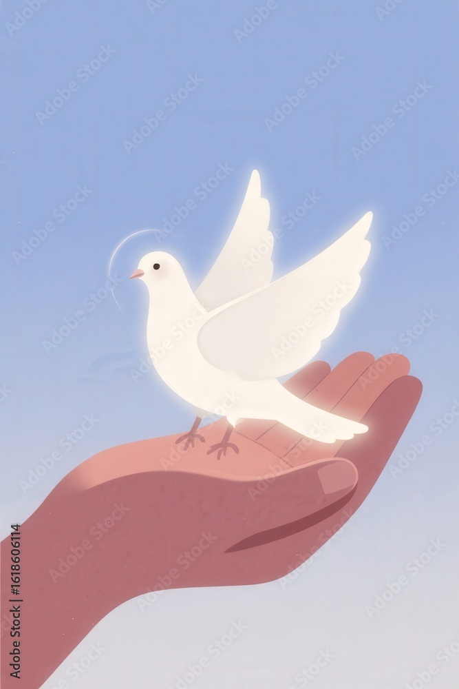 Fototapeta premium Illustration of peaceful white dove on hand against blue sky