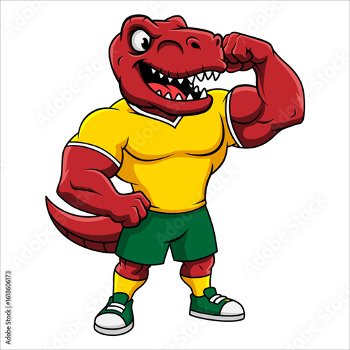 Vector illustration of a strong and happy red Dinosaur flexing its muscles in a yellow jersey. Cartoon style on a white background.