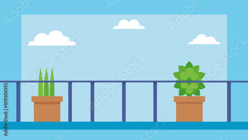 Peaceful flat balcony view with charming potted plants and clear sky