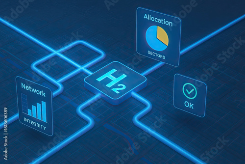 Wallpaper Mural Hydrogen energy concept with glowing blue H2 symbol connected to network integrity, allocation sectors, and approval icons on digital interface, futuristic technology visualization Torontodigital.ca