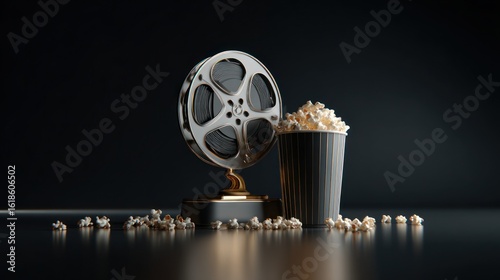 Film reel and popcorn on dark surface