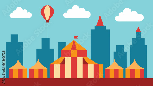 Vibrant flat city skyline behind fairground tents and a hot air balloon