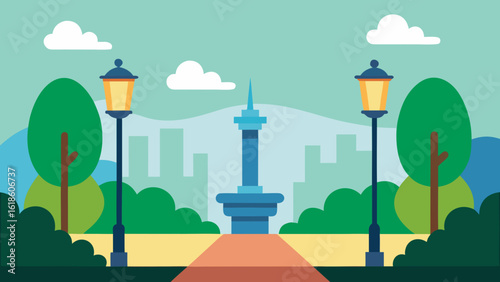 Inviting flat city park entrance with lampposts and clear walking paths
