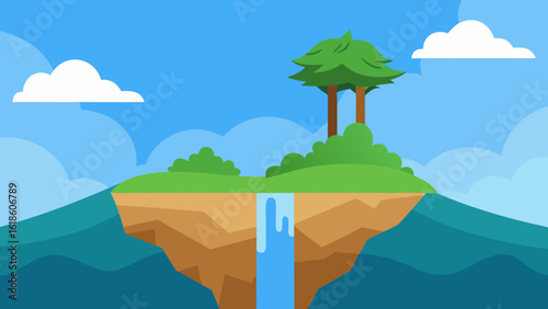 Dramatic flat cliff scene with a cascading waterfall rugged rocks and lush jungle