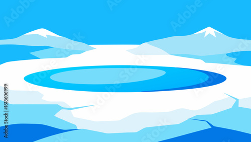 Bleak flat icy tundra with a cracked frozen lake and snow patches
