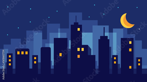 Dazzling flat night city skyline with glowing windows and moonlight