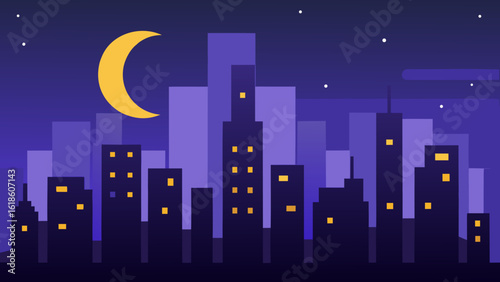 Dazzling flat night city skyline with glowing windows and moonlight