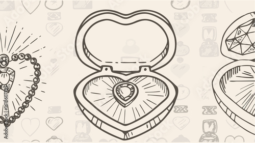 Illustration of heart shaped jewelry boxes and a heart shaped pendant necklace with a beaded chain design | editable eps vectors silhouette