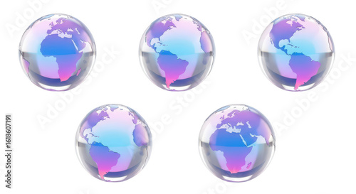 Set of colorful glowing glass globes in different perspectives isolated on white suitable for technology or environmental concepts