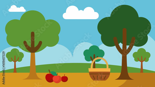 Bountiful flat orchard scene with apple trees and a harvest basket