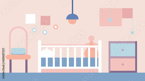 Charming flat pastel nursery room background with a crib and mobile