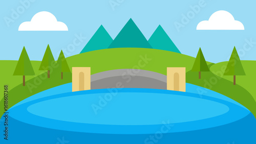 Impressive flat reservoir with a dam surrounding trees and calm water