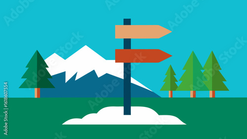 Practical flat trailhead signpost with a majestic mountain backdrop