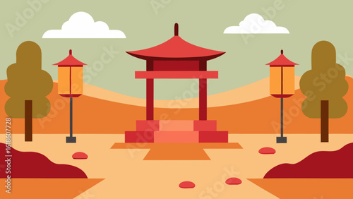 Serene flat Zen temple courtyard with beautiful lanterns and trees