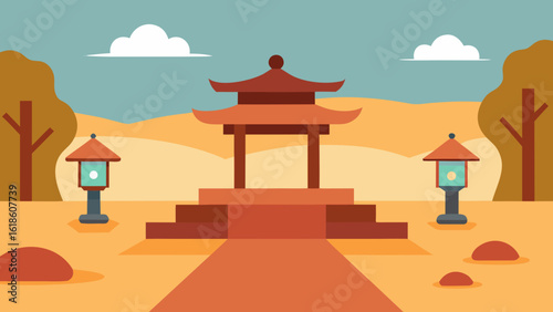 Serene flat Zen temple courtyard with beautiful lanterns and trees