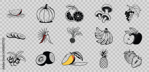 a collection of hand-drawn autumnal elements in a silhouette style on a transparent background.