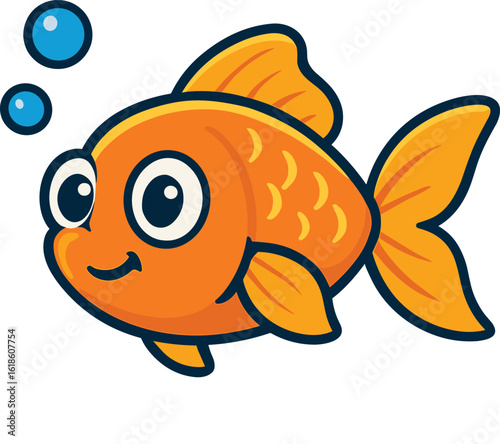 Adorable cartoon goldfish swimming cheerfully with happy expression and playful blue bubbles vector illustration.