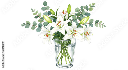 Elegant watercolor illustration of a beautiful bouquet with white lily flowers and eucalyptus leaves in a glass vase on a white background.