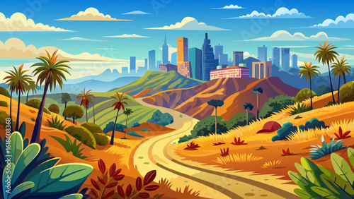Scenic Runyon Canyon Park in Los Angeles. Dirt road winds through golden-brown grasses and palm trees. City view background under blue sky with clouds. Popular travel destination, nature 
