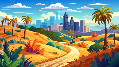 Scenic Runyon Canyon Park in Los Angeles. Dirt road winds through golden-brown grasses and palm trees. City view background under blue sky with clouds. Popular travel destination, nature 