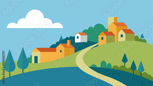 Picturesque hilltop village skyline featuring terraced homes and lush trees