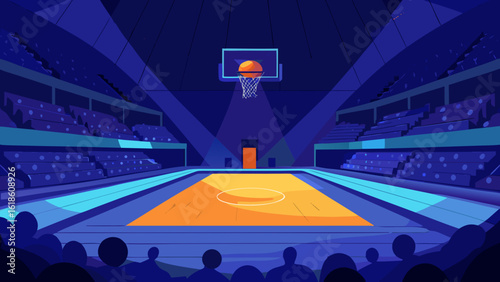 Vibrant indoor basketball arena with a brightly lit court and energetic audience