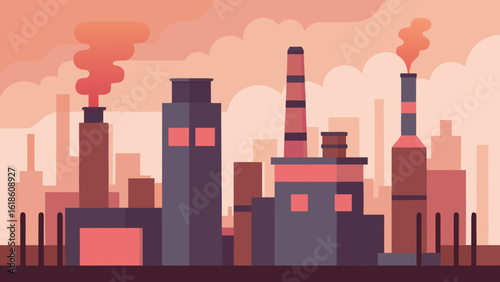 Dynamic industrial cityscape featuring smoke stacks and modern buildings
