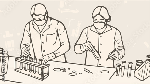 Two scientists in lab coats and masks conduct experiments with test tubes and lab equipment on a table | editable eps vectors silhouette