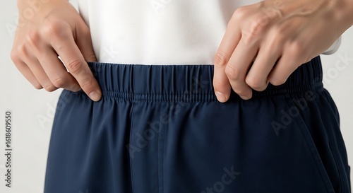 Close-up of person adjusting the elastic waistband of dark blue pants.
